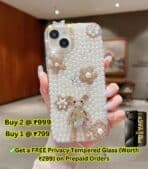 iPhone 16 Plus Handmade Decorative Pearl and Diamond Bear Back Cover