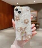 iPhone 16 Pro Handmade Decorative Pearl and Diamond Bear Back Cover