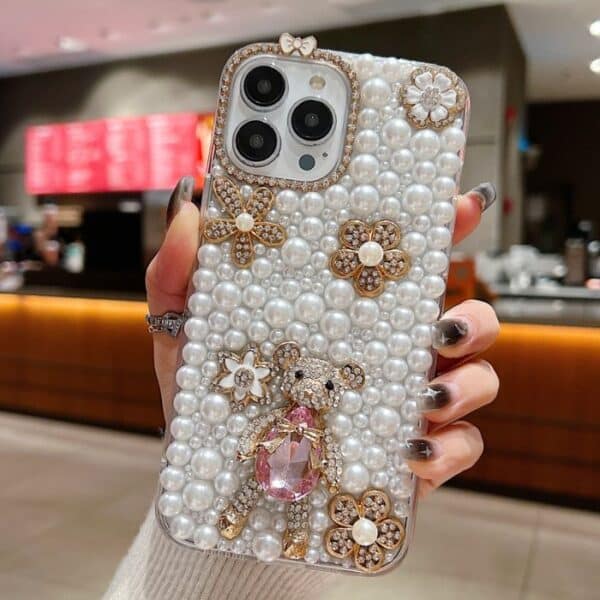 Trendy Handmade Decorative Pearl And Diamond Bear iPhone Back Cover